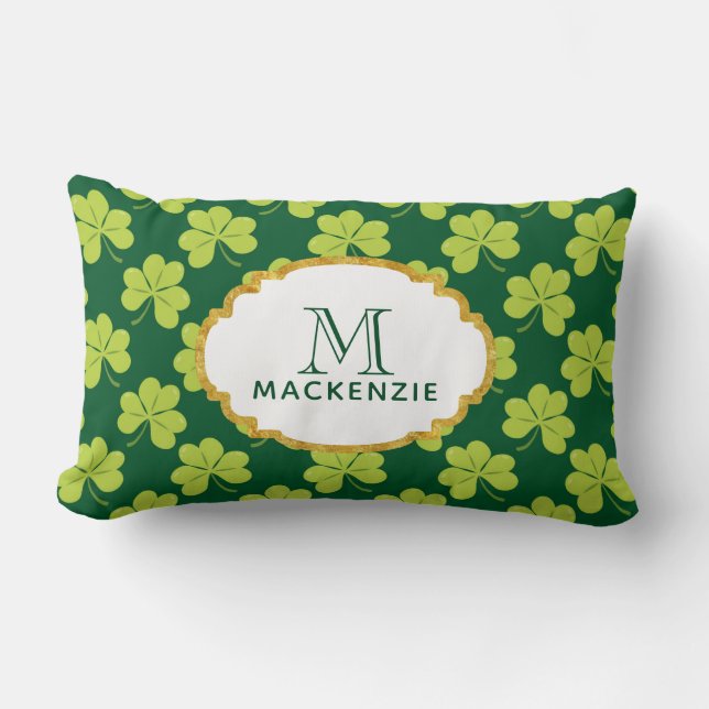 Leuke Groene Klaver Shamrock Patroon met Monogram Kussen (Voorkant)