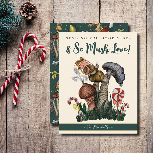 Leuke groene slak paddenstoelen goede vibes kerst feestdagenkaart