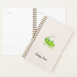 Leuke groene sprinkhaan paarse planner