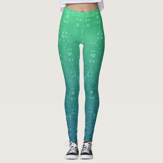 Leuke groene turquoise damast boho stijl leggings (Voorkant)