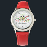 Leuke groene uil op bloementak horloge<br><div class="desc">Leuk,  gepersonaliseerd horloge voor kinderen met een groene baby uil zittend op een tak met groene bladeren en rode bloemen. Voeg een naam of andere aangepaste tekst toe.</div>