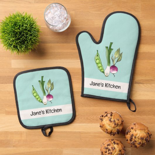 Leuke groenten (naam) ovenwant & pannenlap set (Top down)