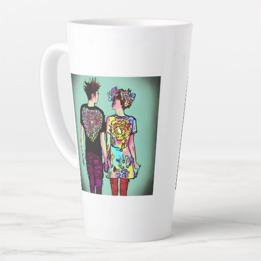 Leuke Grunge Guy en  Punk Meisje Holding Handen Latte Mok (Linkerhoek)