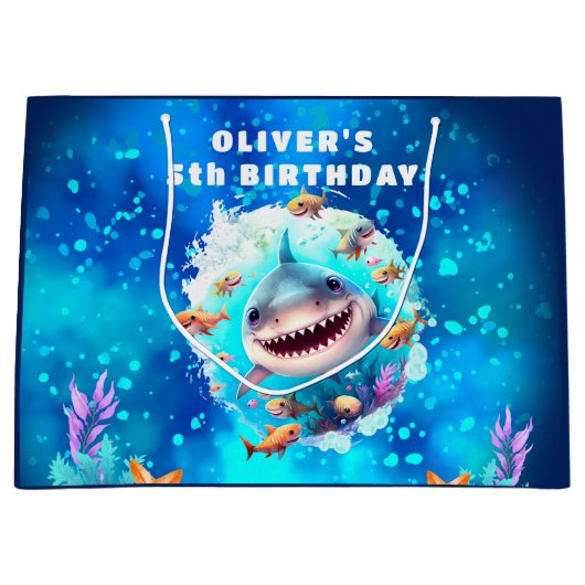 Leuke Haai Jongen Verjaardag Blauwe Naam Gift Bag Groot Cadeauzakje (Voorkant)