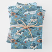 Leuke haaien blauw groen grijs verjaardag baby jon inpakpapier vel (In situ)