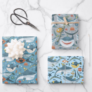 Leuke haaien blauw groen grijs verjaardag baby jon inpakpapier vel