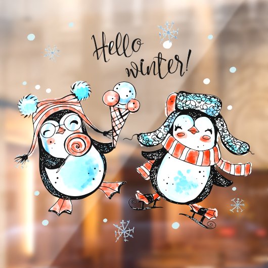 Leuke Hallo Winter Gelukkige Pinguïn Winkel Raamsticker (Vel 2)
