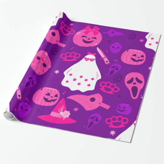 Leuke Halloween bloemenspook roze Cadeaupapier (Uitgerold)