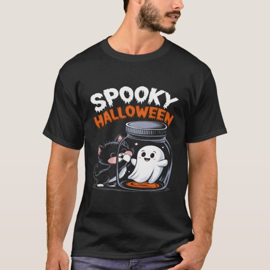 Leuke Halloween Cat en Spooky Ghost-Fun Design T-shirt (Voorkant)