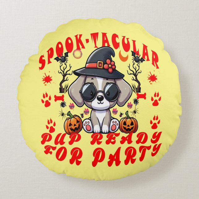 Leuke Halloween Dog Pumpkin Design voor huisdieren Rond Kussen (Voorkant)