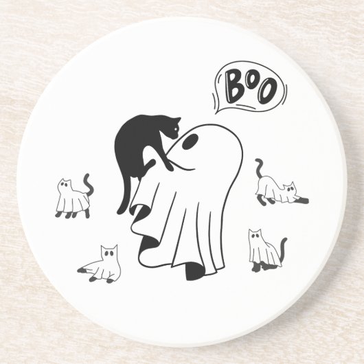 Leuke Halloween Ghost Kat Mam Met schattig Zwart C Zandsteen Onderzetter (Voorkant)