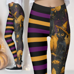 Leuke Halloween Heksenkat Paarse Gestreepte Pompoe Leggings