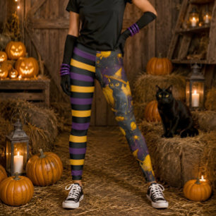 Leuke Halloween Heksenkat Paarse Gestreepte Pompoe Leggings