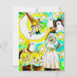 Leuke Halloween heksenkunstprint Feestdagenkaart