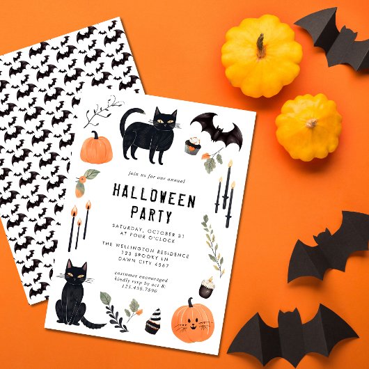 Leuke Halloween Kat Bat Pumpkin Party Kaart