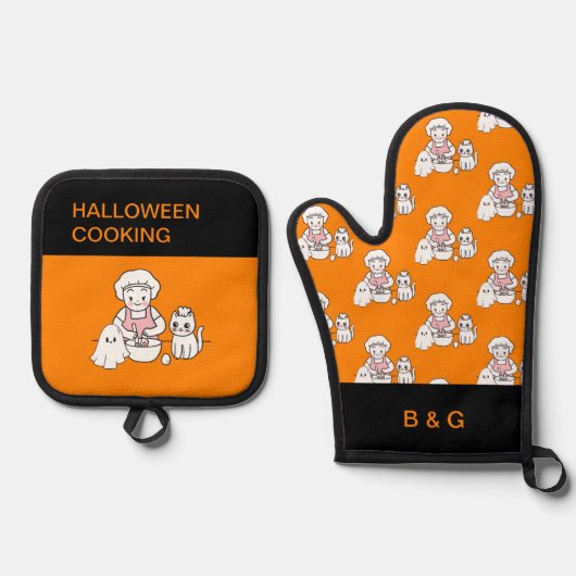 Leuke Halloween Kat Mam & Ghost Ovenwant & Pannenlap Set (Voorkant)