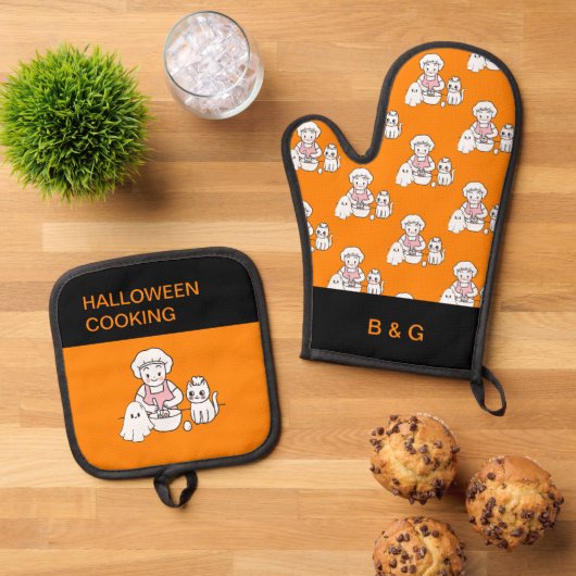 Leuke Halloween Kat Mam & Ghost Ovenwant & Pannenlap Set (Top down)