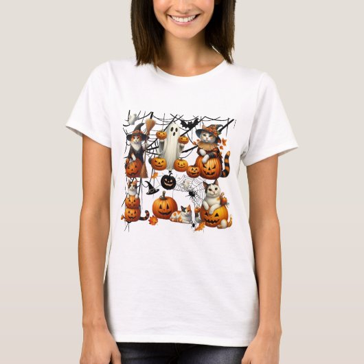 Leuke Halloween Katten en Pompoenen T-shirt (Voorkant)
