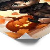 Leuke Halloween kitten heks, bladeren en pompoenen Poster (Hoek)