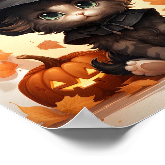 Leuke Halloween kitten heks, bladeren en pompoenen Poster (Hoek)