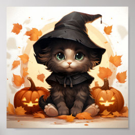 Leuke Halloween kitten heks, bladeren en pompoenen Poster