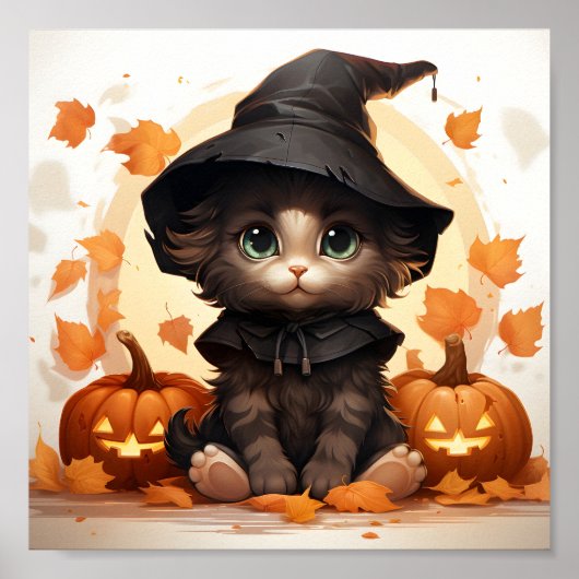 Leuke Halloween kitten heks, bladeren en pompoenen Poster (Voorkant)