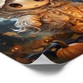 Leuke Halloween kleine geest met Oranje pompoenen Poster (Hoek)