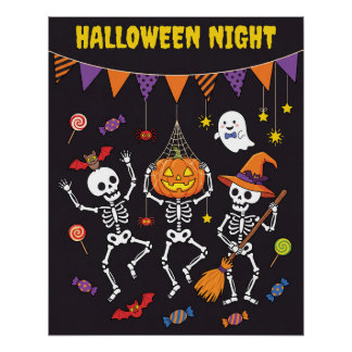 Leuke Halloween Nacht Dansende Skeletten Poster
