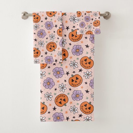 Leuke Halloween pompoenen en bloemen patroon Bad Handdoek (Insitu)