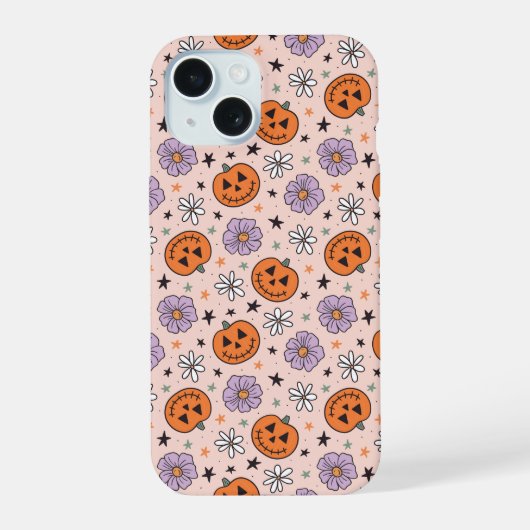 Leuke Halloween pompoenen en bloemen patroon iPhone 15 Case (Achterkant)