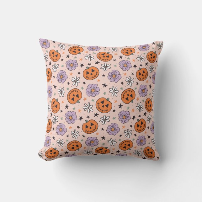 Leuke Halloween pompoenen en bloemen patroon Kussen (Voorkant)
