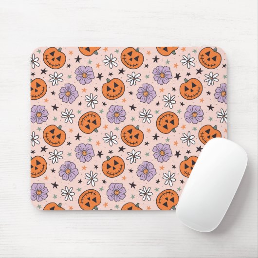 Leuke Halloween pompoenen en bloemen patroon Muismat (Met muis)
