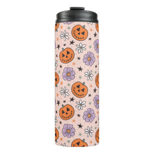 Leuke Halloween pompoenen en bloemen patroon Thermosbeker