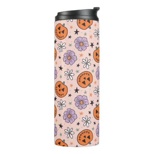 Leuke Halloween pompoenen en bloemen patroon Thermosbeker (Gedraaid links)