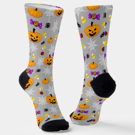 Leuke Halloween Pompoenen en Spinnen Patroon Grijs Sokken (Gebogen)