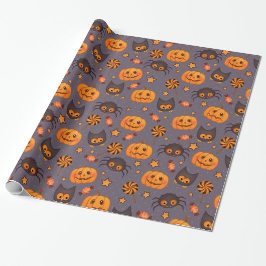 Leuke Halloween Pumpkins Patroon Paarse achtergron Cadeaupapier (Uitgerold)