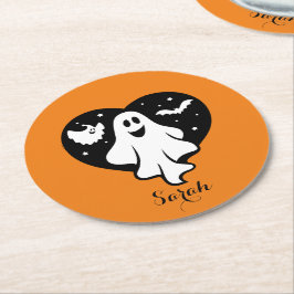 Leuke Halloween spook met hart en vleermuis Ronde Kartonnen Onderzetter