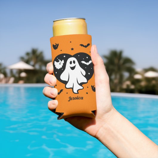 Leuke Halloween spook met hart en vleermuis Seltzer Blikjeskoeler (Insitu Zwembad)