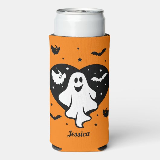 Leuke Halloween spook met hart en vleermuis Seltzer Blikjeskoeler (Seltzer Achterkant)