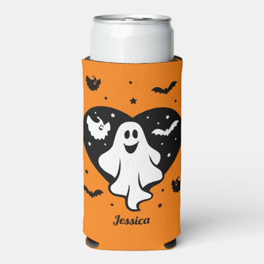 Leuke Halloween spook met hart en vleermuis Seltzer Blikjeskoeler (Seltzer Voorkant)