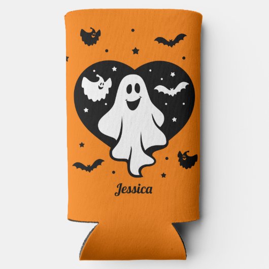 Leuke Halloween spook met hart en vleermuis Seltzer Blikjeskoeler (Achterkant)