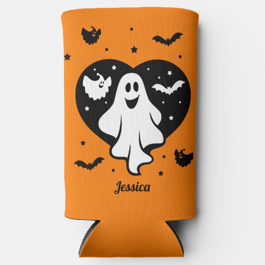 Leuke Halloween spook met hart en vleermuis Seltzer Blikjeskoeler (Voorkant)