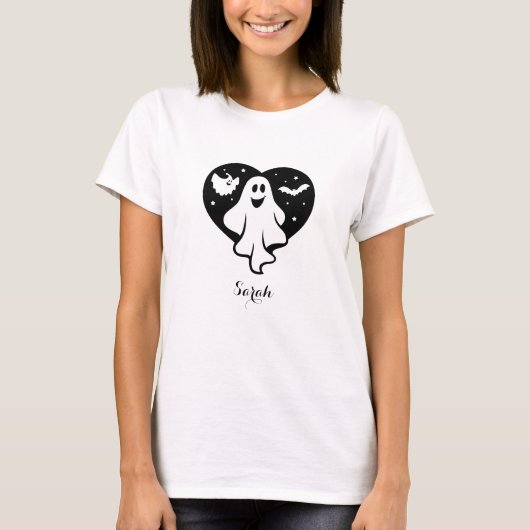 Leuke Halloween spook met hart en vleermuis T-shirt (Voorkant)