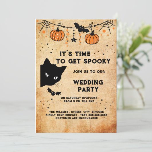 Leuke Halloween Zwarte Kat Bruiloft Party Uitnodig (Staand voorkant)