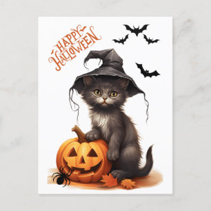 Leuke Halloween Zwarte Kat, Pompoen en Spin Briefkaart