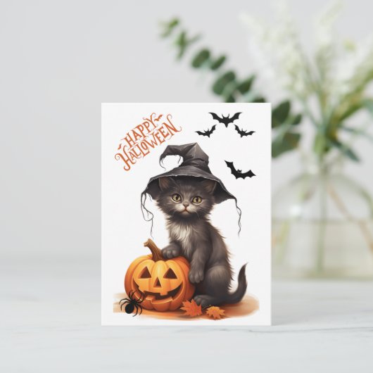 Leuke Halloween Zwarte Kat, Pompoen en Spin Briefkaart (Staand voorkant)