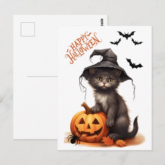Leuke Halloween Zwarte Kat, Pompoen en Spin Briefkaart (Voorkant / Achterkant)
