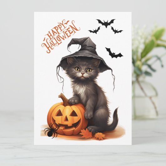 Leuke Halloween Zwarte Kat, Pompoen en Spin Kaart (Staand voorkant)