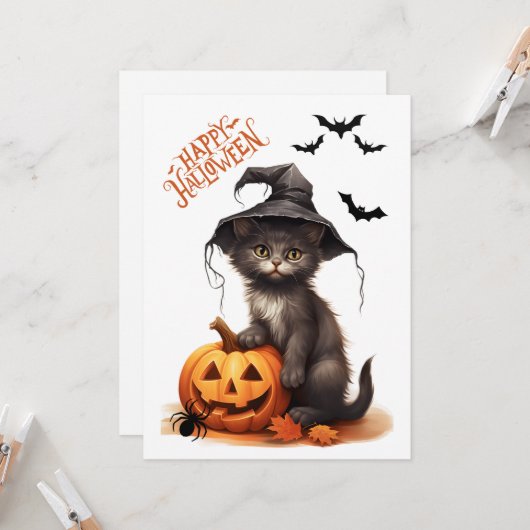 Leuke Halloween Zwarte Kat, Pompoen en Spin Kaart (Voorkant / Achterkant in situ)