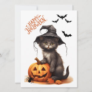 Leuke Halloween Zwarte Kat, Pompoen en Spin Kaart